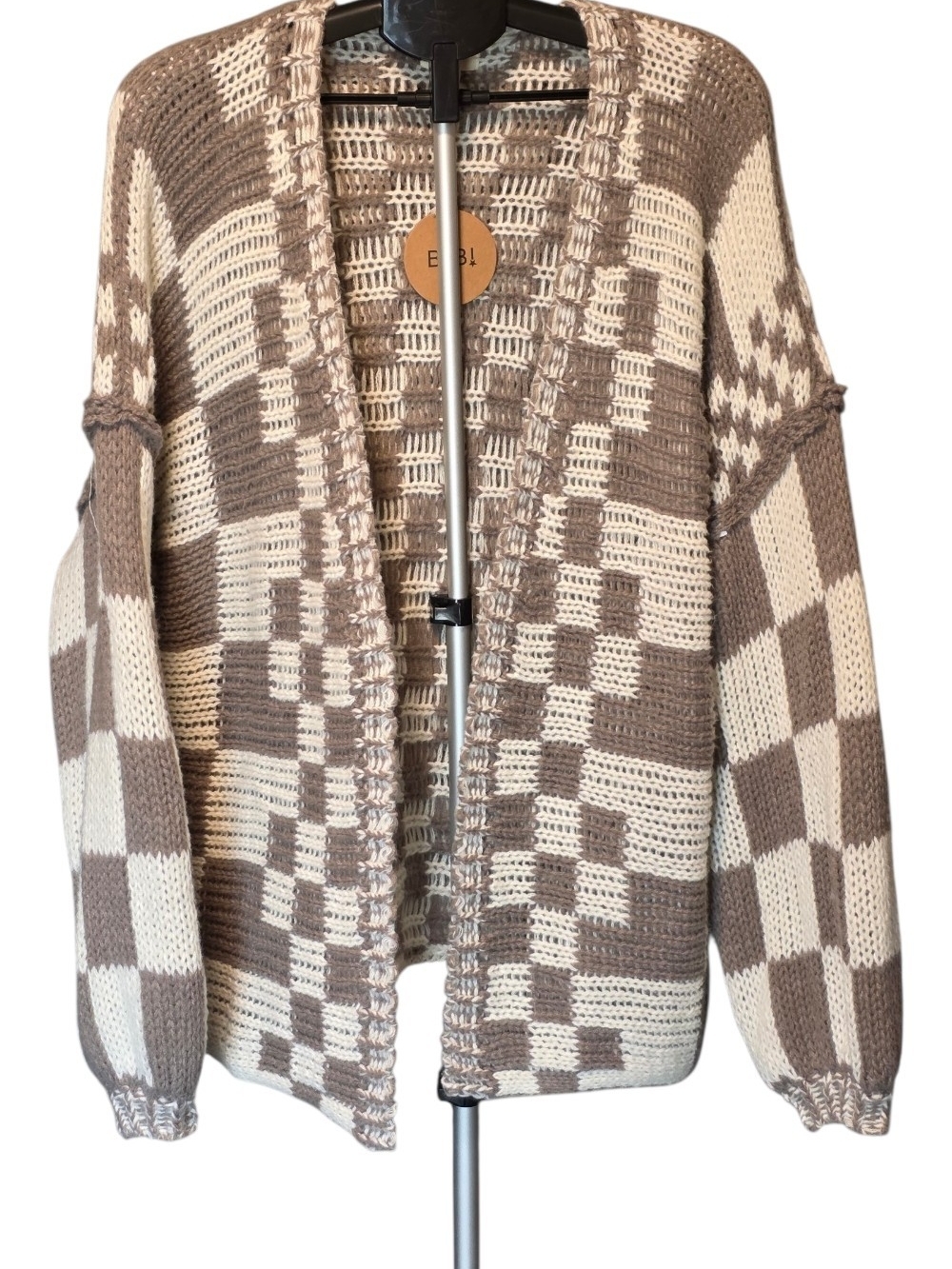 Gray and Cream Open-Front Chunky Checkered Cardigan Sweater